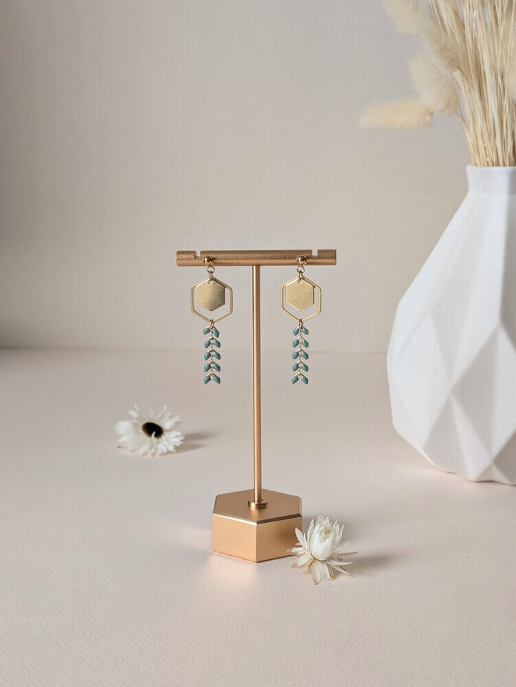 Boucle d'oreille chevron - Style géométrique - Double hexagone Doré et Vert - Lou Inspirations