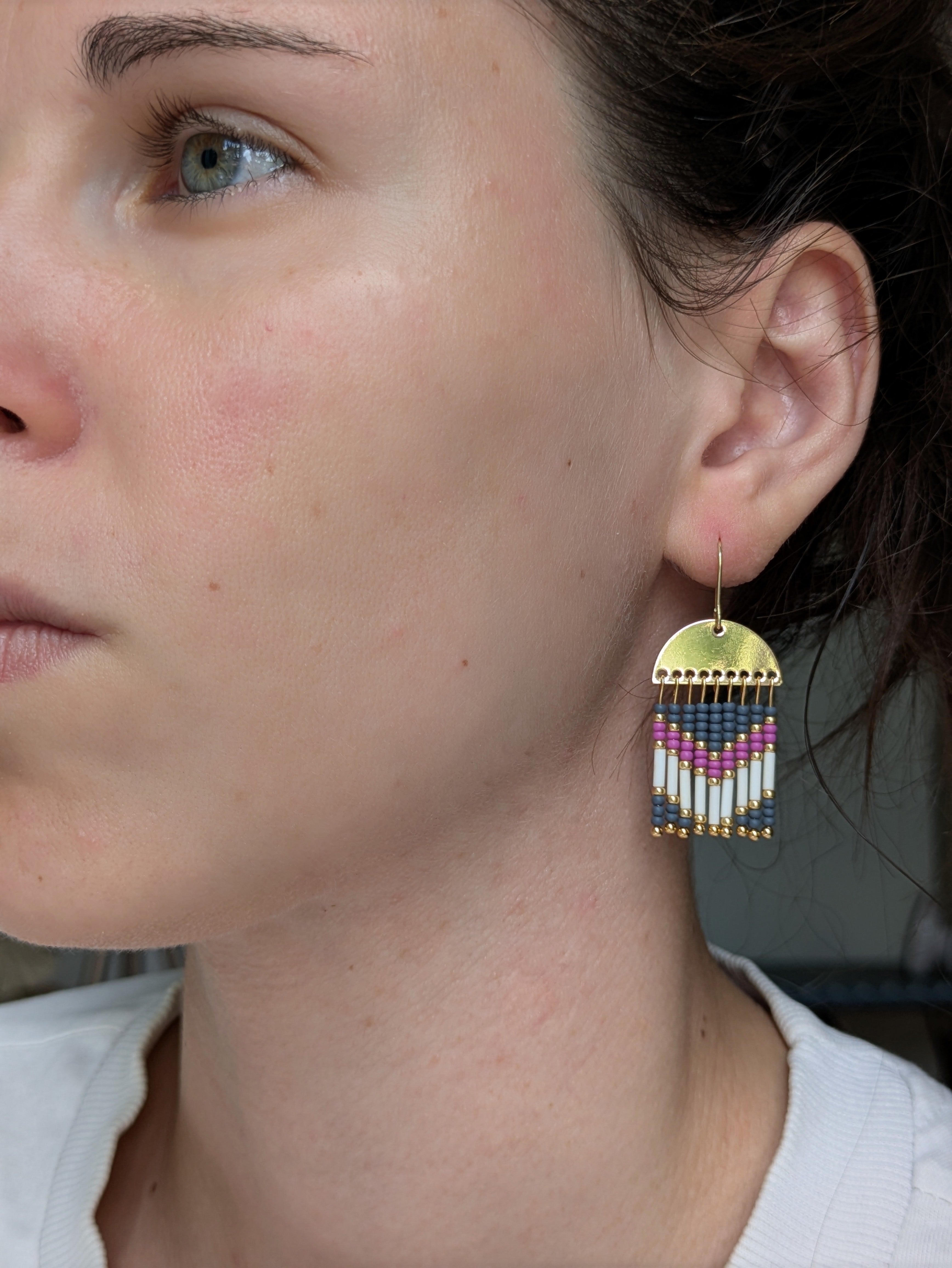 Dangling Earrings | Half-moon brass & Preciosa beads | Shades of pink
