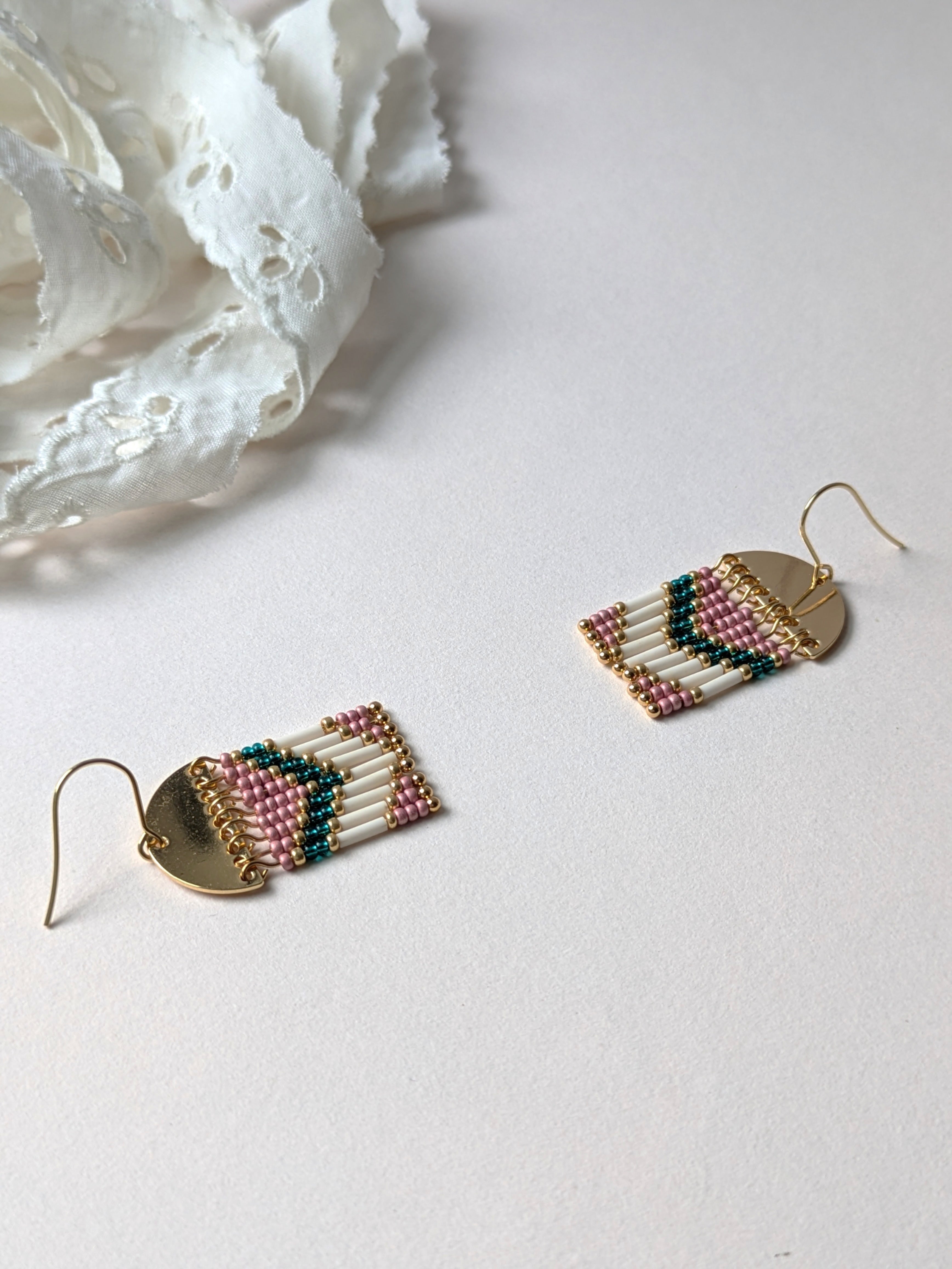 Dangling Earrings | Half-moon brass & Preciosa beads | Shades of pink