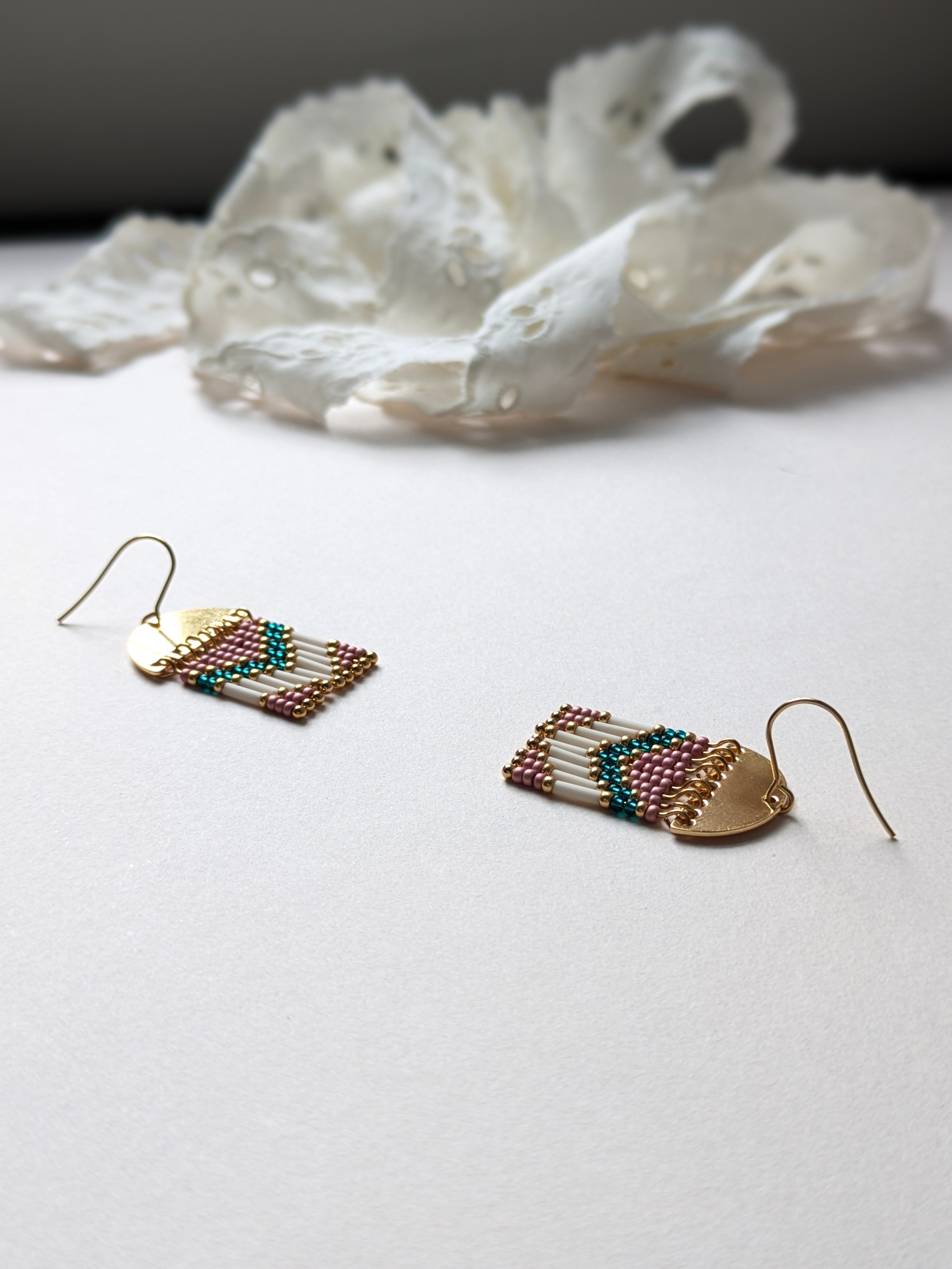 Dangling Earrings | Half-moon brass & Preciosa beads | Shades of pink