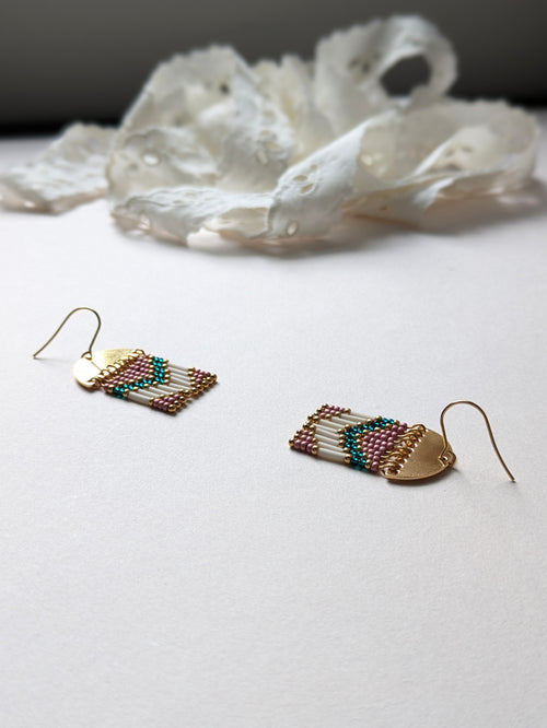 Dangling Earrings | Half-moon brass & Preciosa beads | Shades of pink