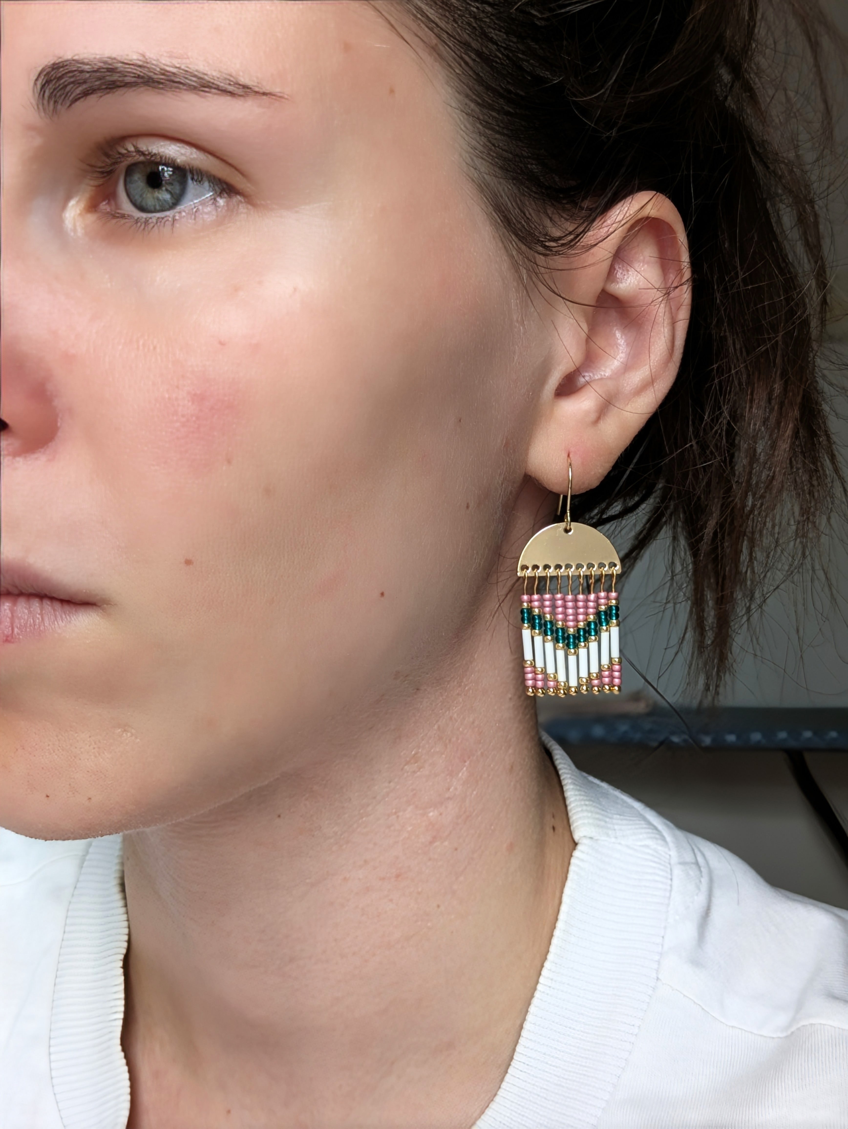 Dangling Earrings | Half-moon brass & Preciosa beads | Shades of pink