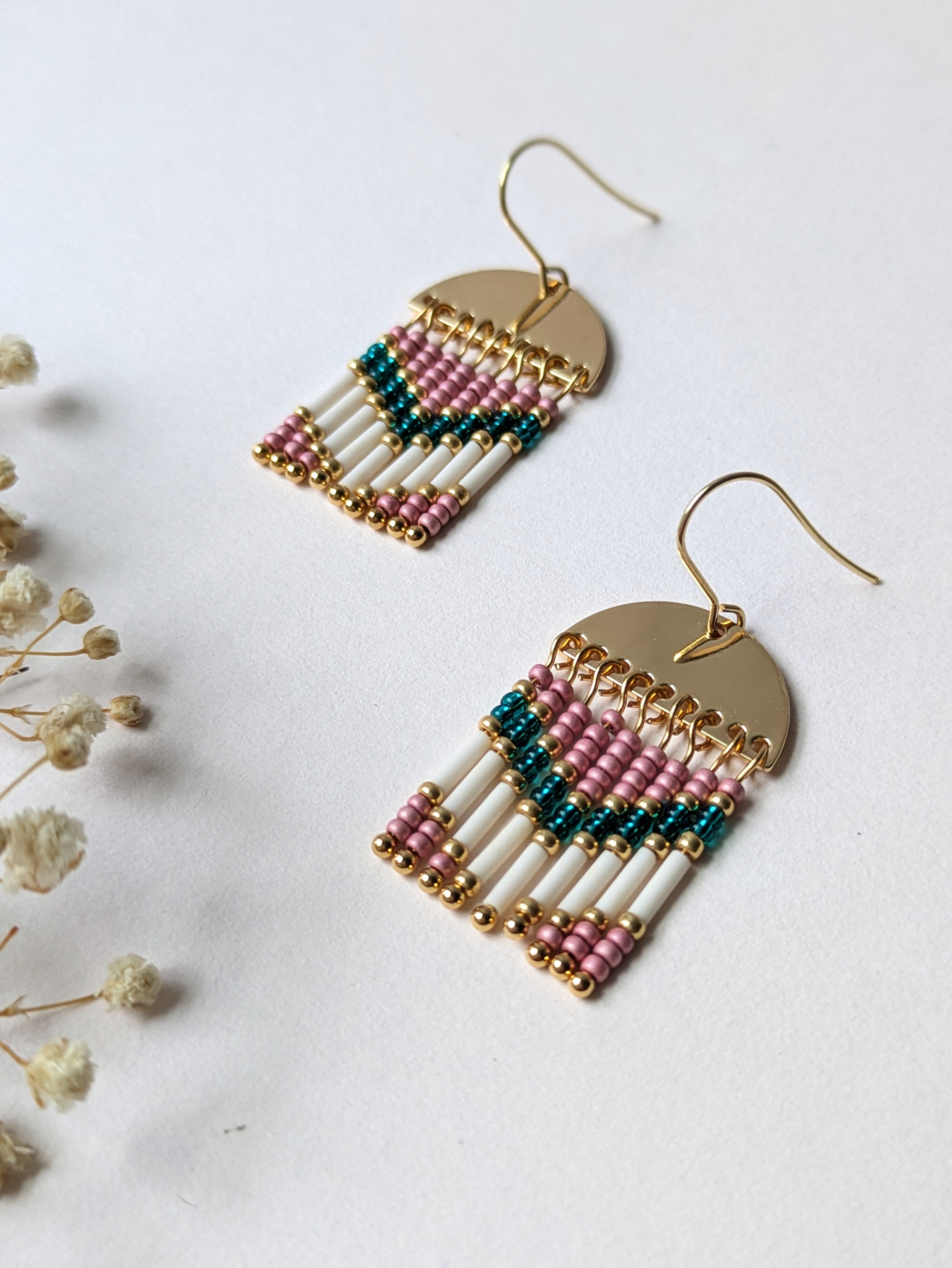 Dangling Earrings | Half-moon brass & Preciosa beads | Shades of pink