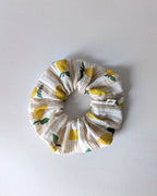 Chouchou fluffy en coton Oeko-Tex à motif citron, accessoire coloré pour cheveux