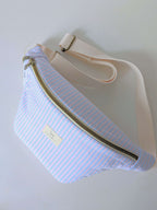 Sac banane artisanal rayures bleu et rose avec sangle ajustable