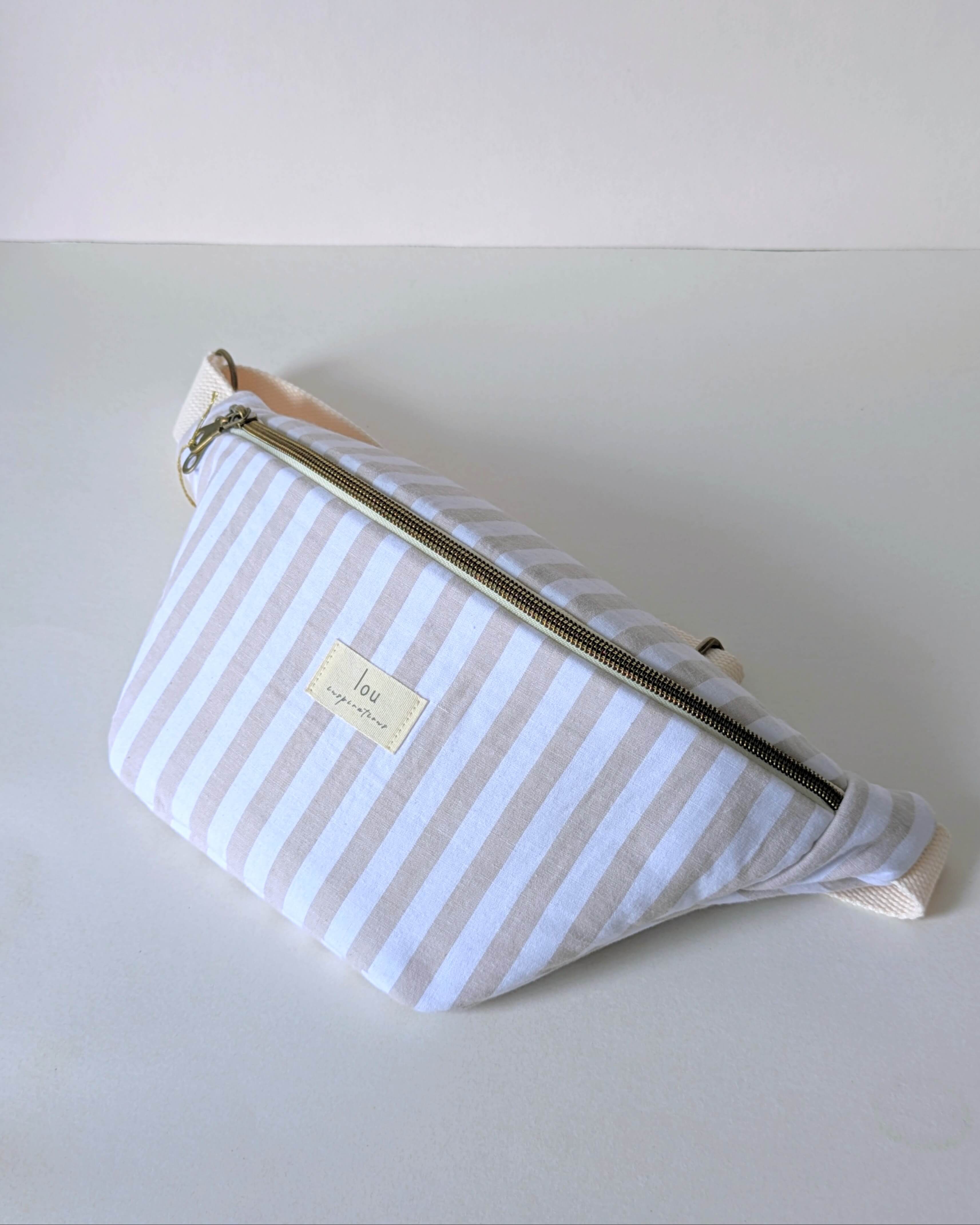 Tissu rayé beige et crème du sac banane confection artisanale
