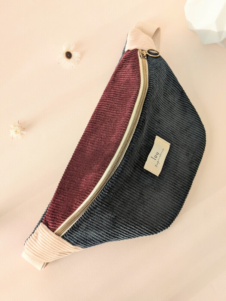 Sac banane tricolore velours/corduroy bleu nuit ajustable - Lou Inspirations