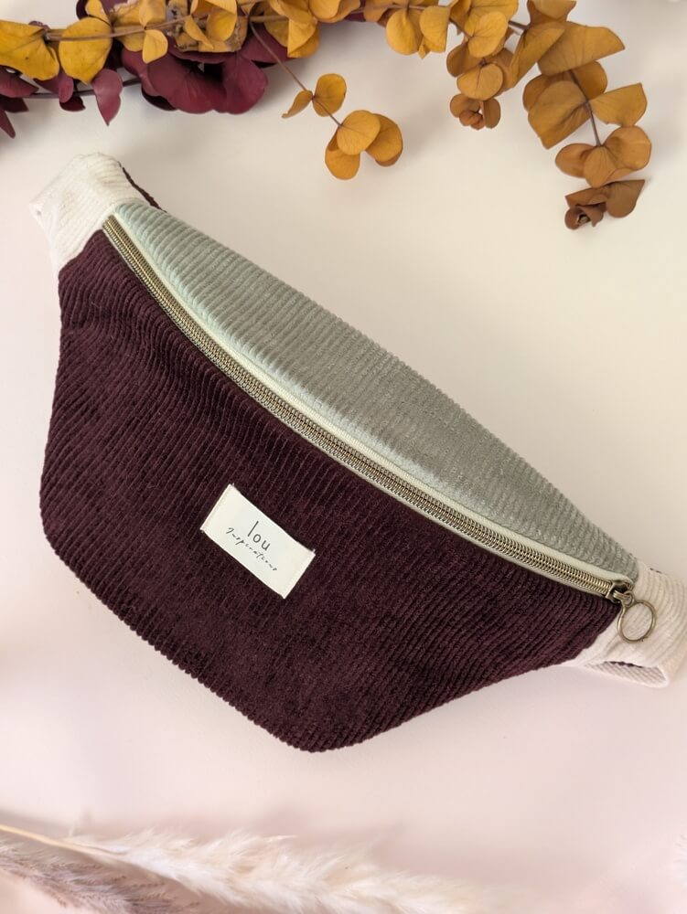 Sac banane tricolore velours/corduroy pourpre ajustable - Lou Inspirations