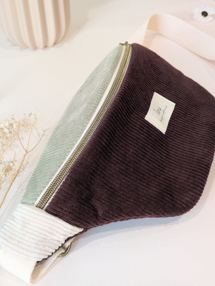 Sac banane tricolore velours/corduroy pourpre ajustable - Lou Inspirations
