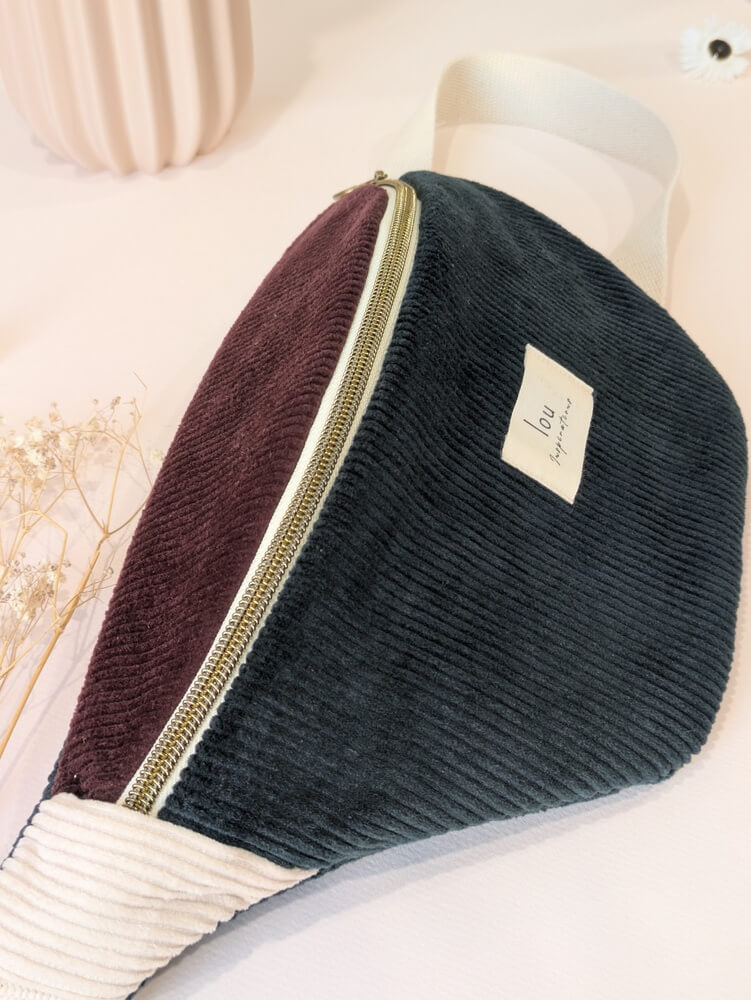 Sac banane tricolore velours/corduroy bleu nuit ajustable - Lou Inspirations