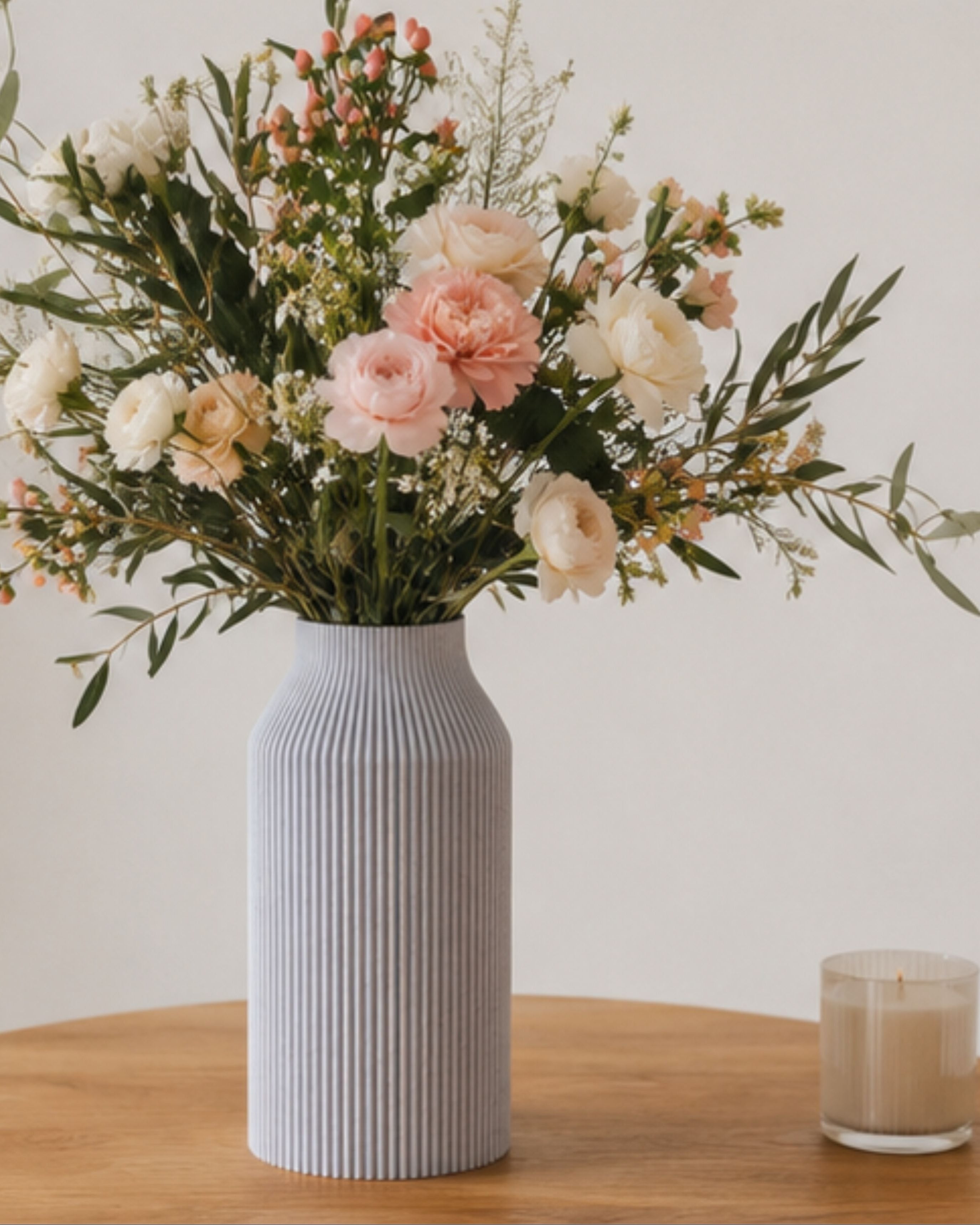 Vase Bota marbre posé sur une table en bois contenant un bouquet de fleurs fraiches. A coté d'une bougie