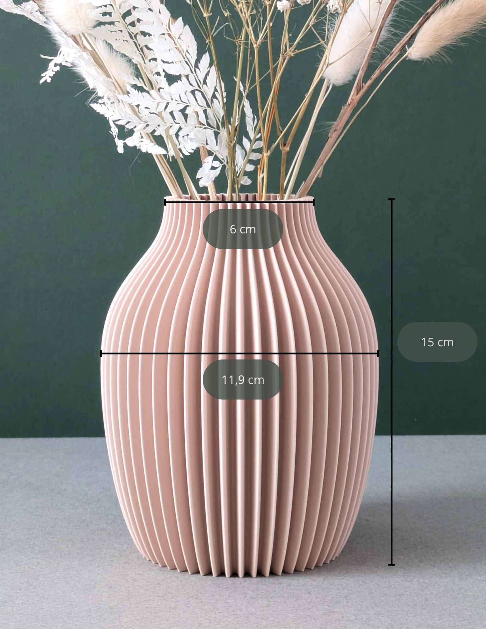 Vase pour fleurs séchées - impression 3D - design bohème et organique - Modèle Olli avec mesures - Lou Inspirations